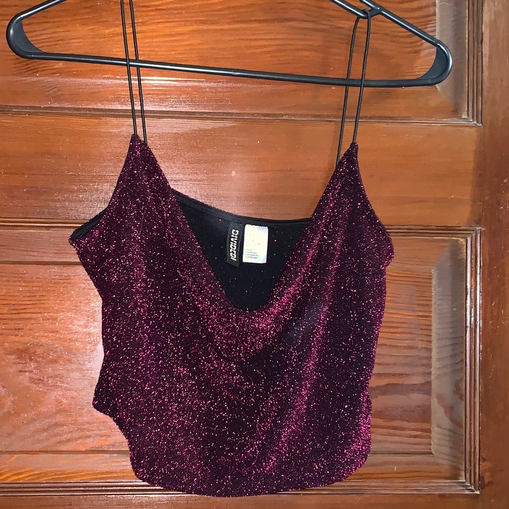 pink sparkly cowl neck top